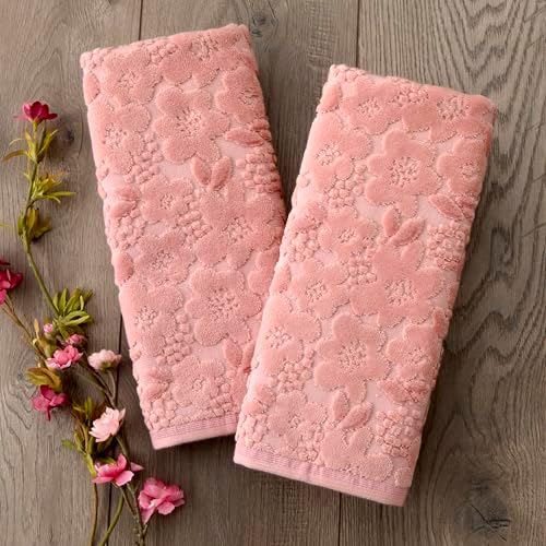 SKL Home Blossom Floral Hand Towel Set-2pc, 100% Turkish Cotton, Blush