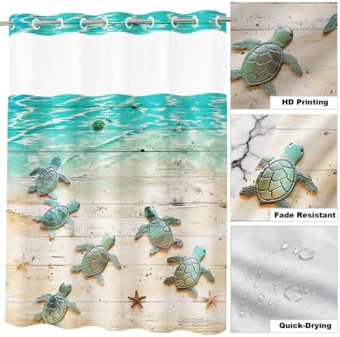 Nautical Green Beach Sea Turtle Theme No Hook Waffle Weave Shower Curtain with Snap in Liner Nautical Blue Bathroom Ocean Set 60 W x 74 H Inch Blue