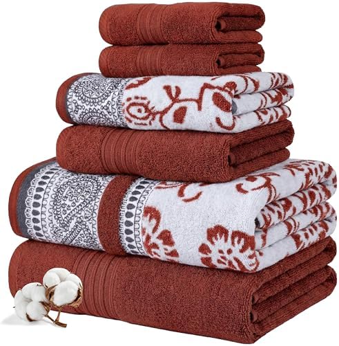 Modern Threads 6 Piece Bath Towel Set – Bathroom Set with 2 Bath Towels, 2 Hand Towels, and 2 Wash Cloths – 100% Cotton, Super Absorbent & Extra Soft – Reversible Floral Trail (Rust Orange)