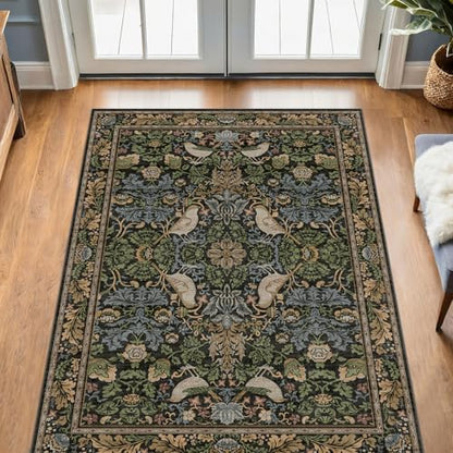 Hazo Haus Boho Living Room Rug 5x8 - Dark Green Rugs 5x8 for Bedroom, Dining Room, Office with Vintage Forest Farmhouse Botanical & Bird Design, Non Slip Stain Resistant Low Pile - Brown