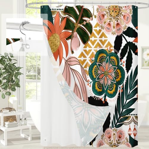 3 in 1 Pink Floral Shower Curtain Set with PEVA Liner & 12 Hooks, 72 x 84