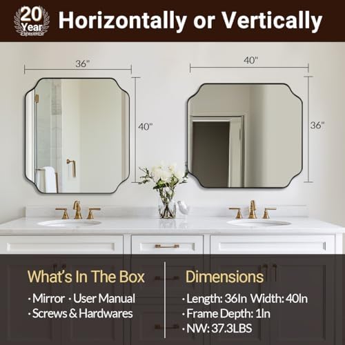 ANDY STAR 36x40 Inch Bathroom Mirror, Large Black Vanity Mirror for Wall, Modern Scalloped Mirror in Premium Stainless Steel Metal Thin Frame, Unique Rounded Notched Corners, Vertically/Horizontally