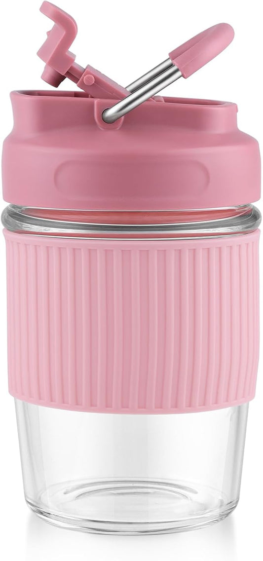 Sivaphe Reusable Glass Ice Hot Coffee Cup 12 oz, Portable Travel Mug with Spill-Proof Lid and Thermal Sleeve for Home Office Pink