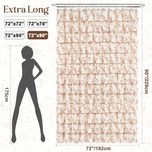 Fall Extra Long Ruffle Shower Curtains for Bathroom with Floral, 72"Wx90"L