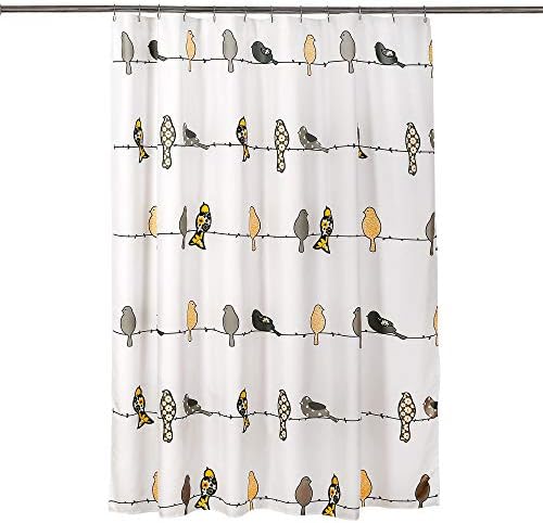 Lush Decor Rowley Birds Shower Curtain, 72” W x 72” L, Yellow & Gray - Colorful Floral Bird Pattern - Whimsical & Playful Bird Shower Curtain - Farmhouse, Coastal, & Boho Bathroom Decor