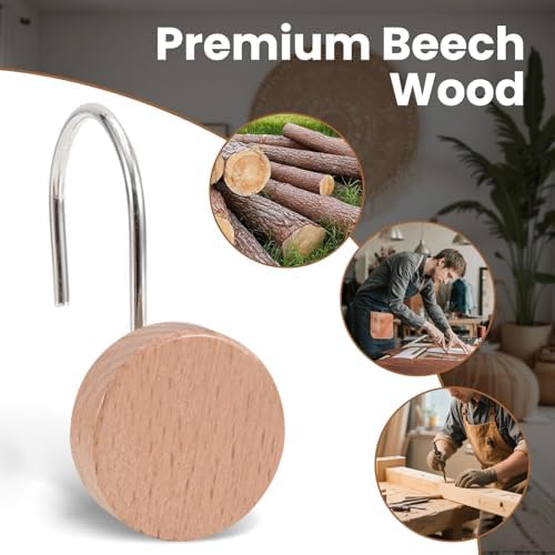 Wood Shower Curtain Hooks Rust Proof, Boho Shower Curtain Hooks Decorative, 24 Pack Shower Hooks for Shower Curtain, Shower Curtain Hangers Hooks (Wood,24)