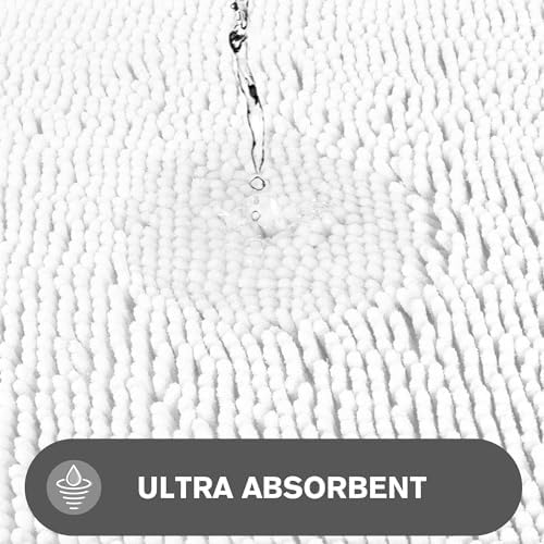 White Bathroom Rugs – Absorbent and Washable Bath Mat, Non-Slip, Thick Soft Chenille Bath Rugs for Bathroom Floor, Shower, Sink - 26" x 44"