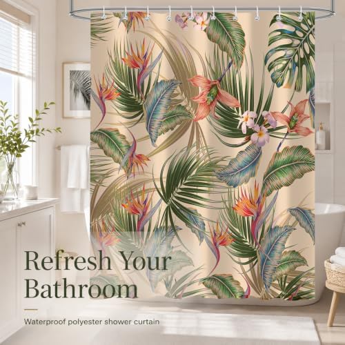 Tropical Shower Curtain, Colourful Leaves Floral Palm Leaf Hawaiian Botanical Plant Bathroom Decor, Waterproof Cloth Fabric Bath Curtain with Hooks 72 x 78 inch