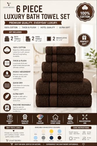 6 Piece Luxury Bathroom Towels Set - 100% Cotton, Dark Brown/Chocolate, Includes 2 Bath Towels, 2 Hand Towels, and 2 Washcloths - Quick Dry, Absorbent, Plush, Soft