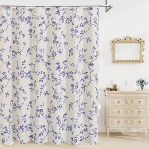 MitoVilla Extra Long Shower Curtain Set 72 x 84, Cotton Floral Cottagecore Spring Shower Curtains for Bathroom, Modern Farmhouse Country Plant Leaves Bathroom Décor