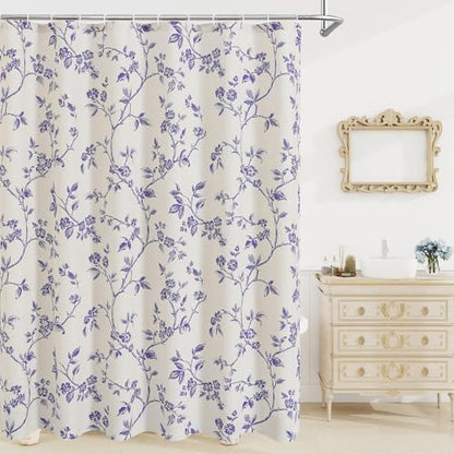 MitoVilla Extra Long Shower Curtain Set 72 x 84, Cotton Floral Cottagecore Spring Shower Curtains for Bathroom, Modern Farmhouse Country Plant Leaves Bathroom Décor