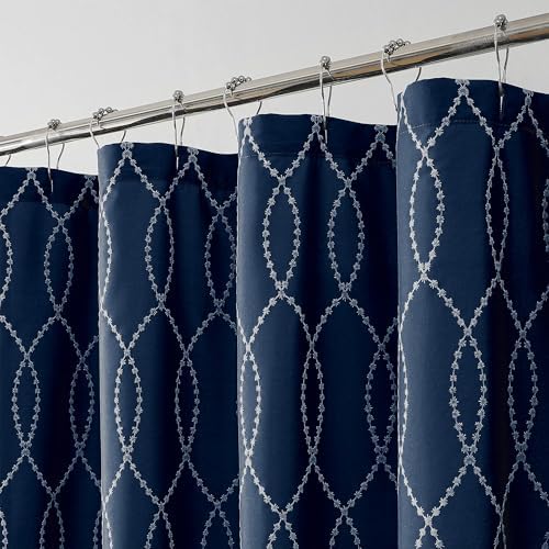 OVZME Navy Blue Shower Curtain for Bathroom, Puff Printed Textured Shower Curtain with Tassels, Rustic Geometry Heavy Duty Vintage Country Bathroom Curtain, Water Resistant Fabric, 72Wx72L Inches