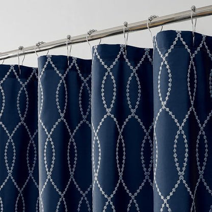 OVZME Navy Blue Shower Curtain for Bathroom, Puff Printed Textured Shower Curtain with Tassels, Rustic Geometry Heavy Duty Vintage Country Bathroom Curtain, Water Resistant Fabric, 72Wx72L Inches