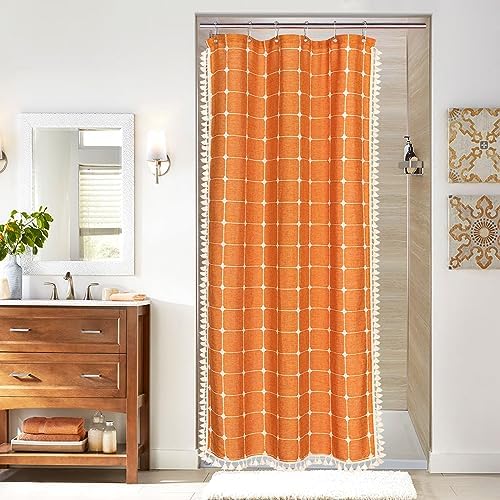 Boho Farmhouse Classic Plaid Linen Tassel Shower Curtain Orange,36x72
