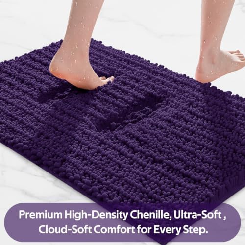 ACCUMTEK Upgrade Luxury 2 Piece Dark Purple Toilet Bathroom Rug Mat 60"x20"+32"x20", Ultra Soft Thick Absorbent Bath Mats, Non Slip Chenille Toilet Mat for Bathroom, Bedroom, Kitchen, Shower, Tub