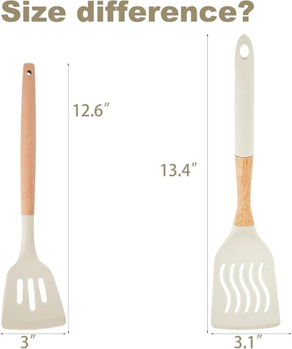 Kitchen Utensils Set - 7 PCS Non-Stick Silicone Cooking Utensils Set Spatula Set with Holder, Wooden Handle Spoon,Tongs,Whisk Kitchen Gadgets Tools Set for Nonstick Cookware (Cream White-7Max)