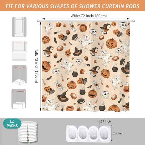 Halloween Cute Skull Ghost Shower Curtain for Bathroom 72W*72H Inch Gothic Witch Scary Magic Horror Pumpkin Bathtub Alchemy Witchcraft Decor Waterproof Polyester Fabric Set with 12 Hooks