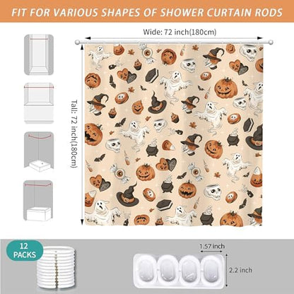 Halloween Cute Skull Ghost Shower Curtain for Bathroom 72W*72H Inch Gothic Witch Scary Magic Horror Pumpkin Bathtub Alchemy Witchcraft Decor Waterproof Polyester Fabric Set with 12 Hooks