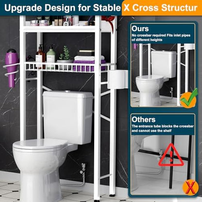 Over The Toilet Storage Cabinet,4 Tier Bathroom Organizer and Storage With Adjustable Shelf Waterproof Feet Pad and Basket Multifunctional Space Saver Freestanding Bathroom Shelves With Dividers White