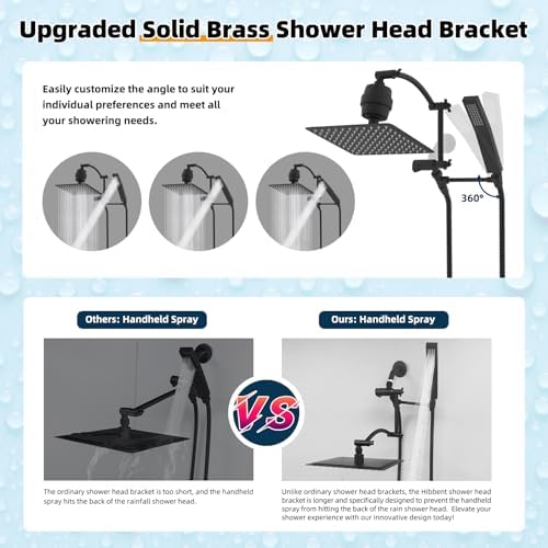 Hibbent All Metal 10'' Filtered Rainfall Shower Head with Handheld Combo, High Pressure Shower Wand, 16'' Adjustable Extension Arm, 20 Stage Shower Filter, 71'' Hose, Shower Holder, Matte Black