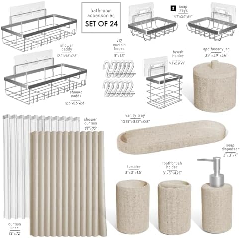 Clara Clark Bathroom Set - Beige Bathroom Accessories Set, 24PC Bathroom Accessory Set, Bathroom Sets with Shower Curtain Set, Adhesive Corner Shower Caddy Hanging & Soap Dispenser
