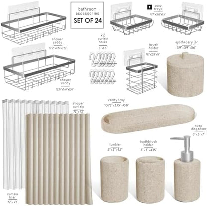 Clara Clark Bathroom Set - Beige Bathroom Accessories Set, 24PC Bathroom Accessory Set, Bathroom Sets with Shower Curtain Set, Adhesive Corner Shower Caddy Hanging & Soap Dispenser