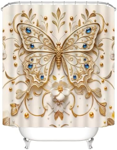 Chrainy 4pcs Golden Butterfly Shower Cutain Set Bathroom Decor Accessories