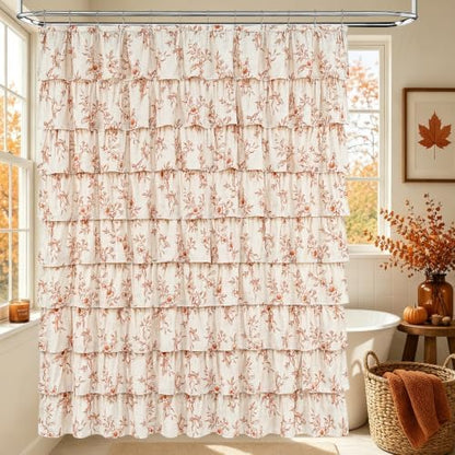 Yinhua Long Fall Ruffle Shower Curtains for Bathroom with Floral, 72"Wx78"L