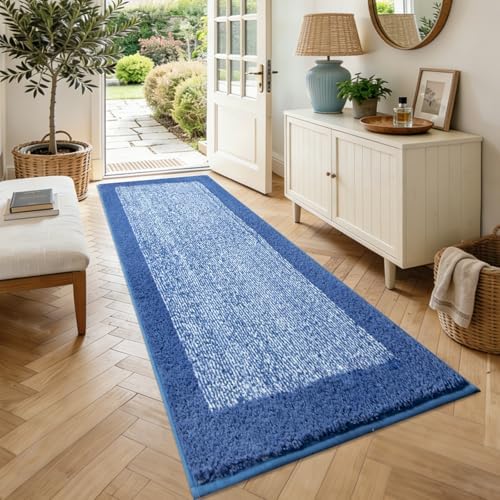 70x24 Long Bathroom Rugs Non Slip Washable, Soft Absorbent Bath Mat Blue