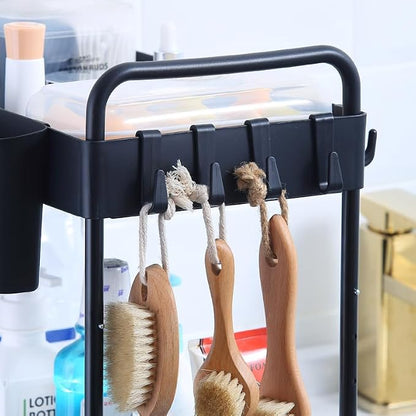 2 Pack Double-Layer Under Sink Organizer for Efficiently Utilizing Space, High Capacity and Space Saving, 2 Tier Sliding Under Sink Shelf with 4 Hooks and a Cup Slot(Black)