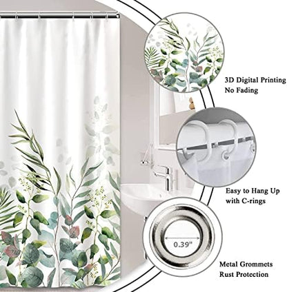 AWERT Stall Shower Curtain Plants for Bathroom,Waterproof Quick-Drying Green Leaves Stall Size Shower Curtain Set with Hooks 36x72 Inch