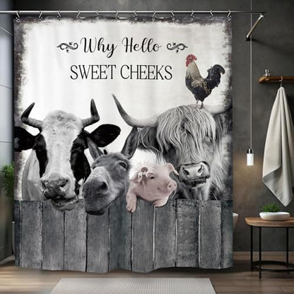 Farmhouse Animal Farm Funny Shower Curtain 72Wx72L Inch Bull Cow Pig Donkey Rustic Country Bathroom Set Accessories Decor Polyester Waterproof with 12 Pack Hooks