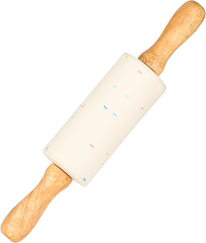 Mini Silicone Rolling Pin for Kids, Non-stick Surface Wood Handle, 9 Inch 1 Pack White Candy Granules