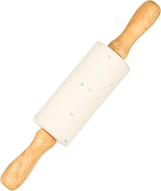Mini Silicone Rolling Pin for Kids, Non-stick Surface Wood Handle, 9 Inch 1 Pack White Candy Granules