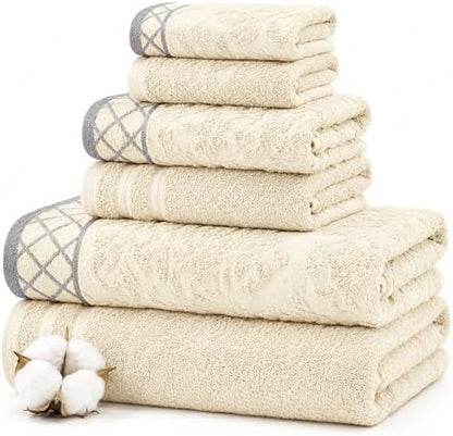 Modern Threads 6 Piece Bath Towel Set – Bathroom Towel Set with 2 Bath Towels, 2 Hand Towels & 2 Washcloths – 100% Cotton, Soft & Absorbent – Diamond Border (Ivory Cream)