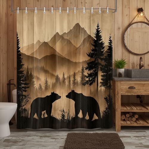 Bear Shower Curtain, Rustic Cabin Forest Shower Curtain Brown Wooden Print Wildlife Country Bath Curtains with Hooks, Hunting Camping Waterproof Polyester Fabric Bathroom Decor Accessories,70X70IN