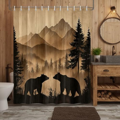 Bear Shower Curtain, Rustic Cabin Forest Shower Curtain Brown Wooden Print Wildlife Country Bath Curtains with Hooks, Hunting Camping Waterproof Polyester Fabric Bathroom Decor Accessories,70X70IN