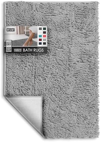 Hearth & Harbor Bathroom Rugs, Chenille Bath Mat - Machine Washable Bath Mats for Bathroom Non-Slip Backing Rubber, Quick Dry Bathroom Mat - Silver 24x36