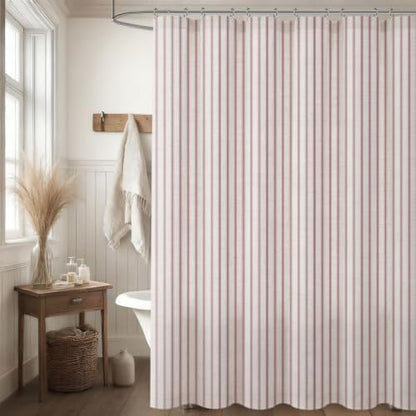 Farmhouse Striped Shower Curtain Rustic Rust Vintage Linen Curtain 72 X 84