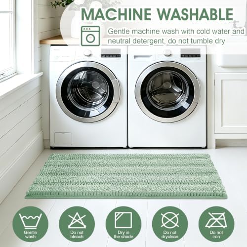 ACCUMTEK Tauso Striped Sage Green Bathroom Rug Set 3 Pieces Ultra Soft, Non Slip Chenille Toilet Mat, Absorbent Plush Shaggy Bath Mats for Bathroom, Bedroom, Kitchen