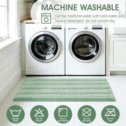 ACCUMTEK Christmas Striped Sage Green Toilet Bathroom Rug Mat Set 2 piece Rug Ultra Soft, Non Slip Chenille Bath Rugs, Absorbent Plush Shaggy Bath Mats for Bathroom, Bedroom, Kitchen, Shower, Tub