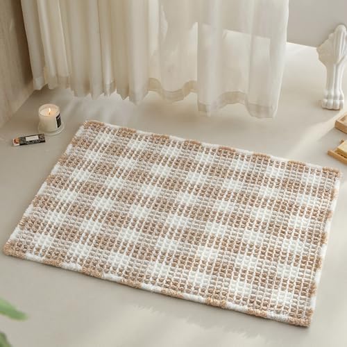 TYUU Waffle Bath Mat, Boho Bathroom Rugs Non Slip, 36x24 Khaki & White