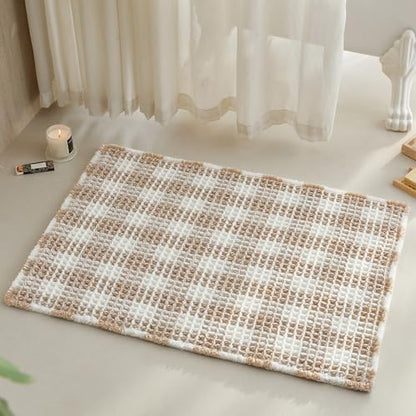 TYUU Waffle Bath Mat, Boho Bathroom Rugs Non Slip, 36x24 Khaki & White