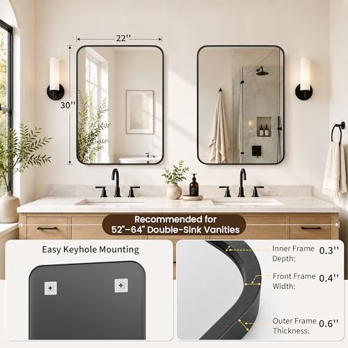 2-Pack 22x30 Inch Matte Black Rounded Rectangle Vanity Mirrors