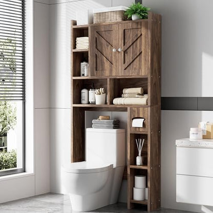 Over the Toilet Storage Cabinet, Freestanding Storage Cabinet Over Toilet, Bathroom Storages Organizer Cabinets with Toilet Paper Holder Stand and Adjustable Shelf, Walnut