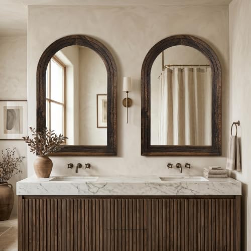 Arched Bathroom Mirror, 45"x30" Brown Wood Frame Wall Mirror