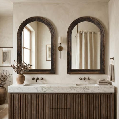 Arched Bathroom Mirror, 45"x30" Brown Wood Frame Wall Mirror