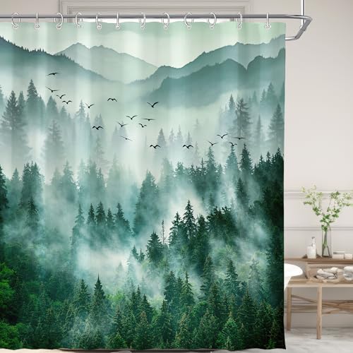 Green Misty Foggy Forest Mountain Shower Curtain for Bathroom 72W*72H Inch Nature Tree Woodland Bathtub Decor Pine Tree Natural Country Cool Masculine Aesthetic Waterproof Polyester Fabric
