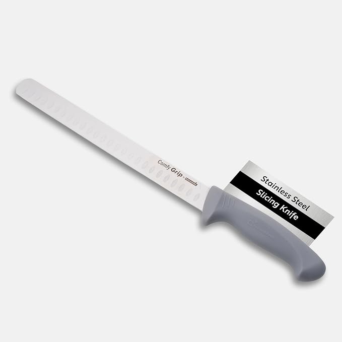Restaurantware 12 Inch Slicing Knife Stainless Steel Ergonomic Handle Non-Slip Grip Durable Kitchen Knife, Dishwasher-Friendly for Home Cooking and Commercial Use, Gray