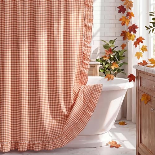 HunnmingRe Ruffled Gingham Shower Curtain Orange